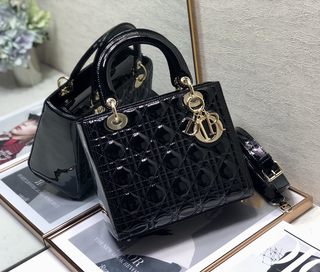 Medium Lady Dior Bag Black Patent Cannage Calfskin